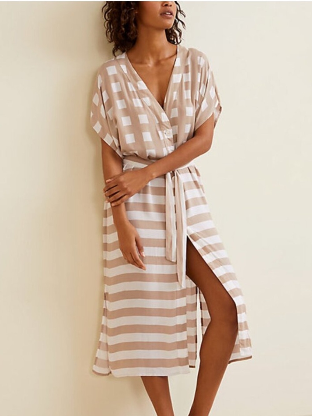 Garnet Hill Taupe and White Striped Midi Swim Cover Up Dress XS